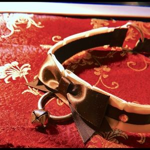 Handmade Ribbon Choker with Bells and Jewels. Brown and Cream with Silver accent